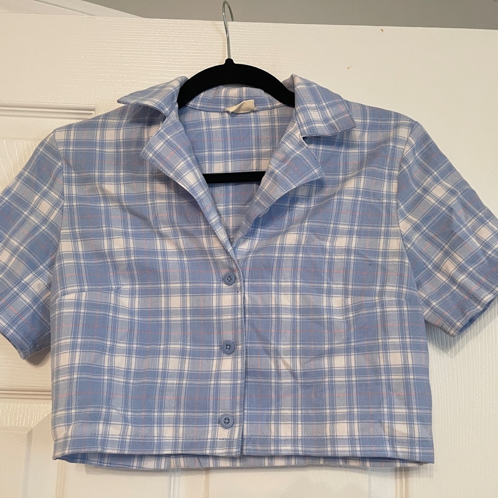 Brandy Melville Blue and White Plaid Crop Top